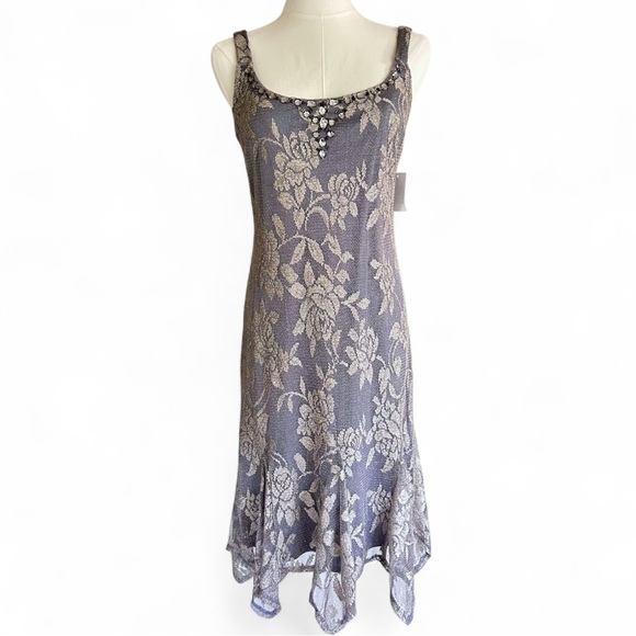 Y2K JESSICA HOWARD Metallic Lace Beaded Asymmetric Midi Dress Fairy Grunge Sz 6 - Picture 1 of 16